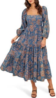 FLYING TOMATO Floral Balloon Sleeve Chambray Midi Dress
