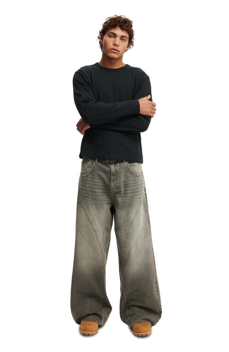 Cotton On Men's Cropped Fit Textured Long Sleeve, Alternate, color, Washed Black Waffle