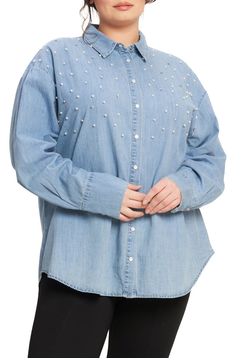 Embellished Long Sleeve Denim Shirt, Main, color, LIGHT INDIGO
