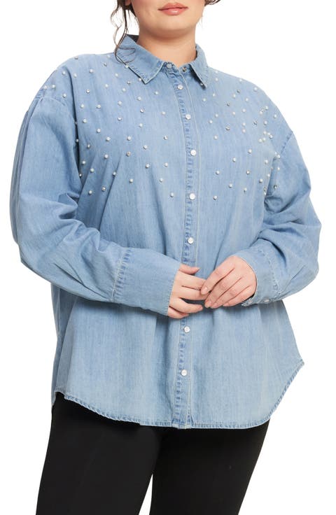 Embellished Long Sleeve Denim Shirt (Plus)