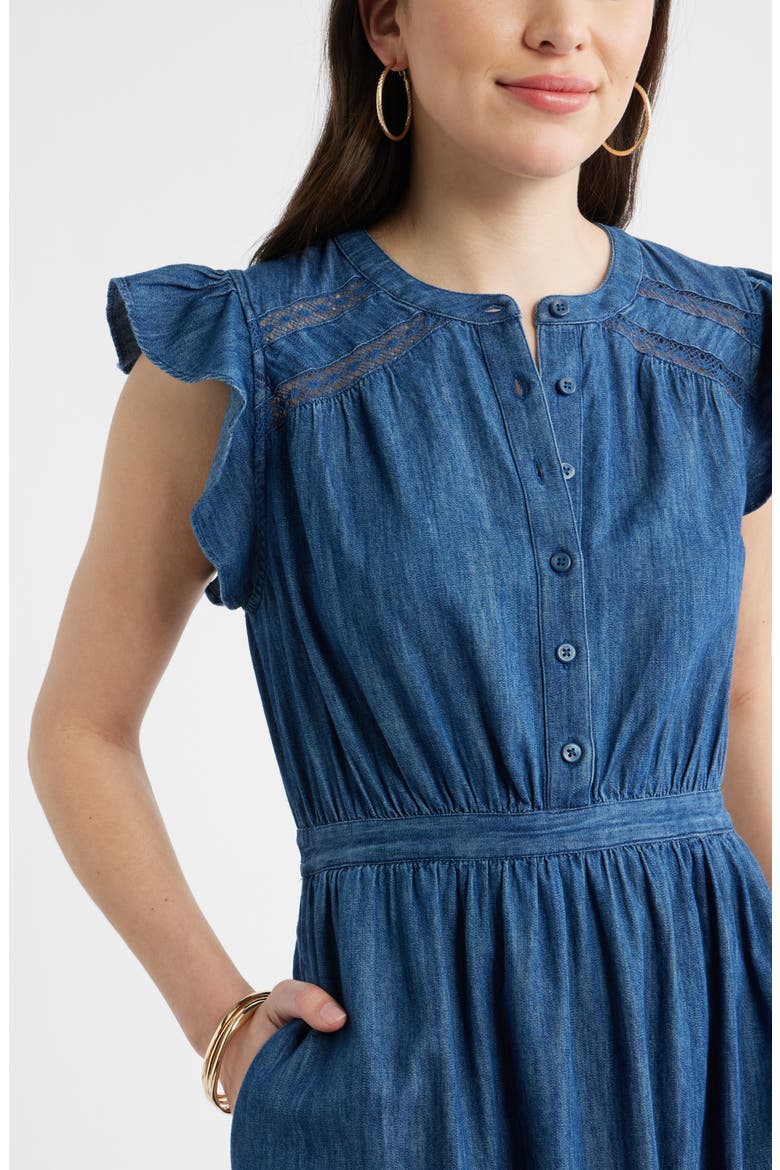 Flutter Sleeve Chambray Dress, Alternate, color, DARK WASH