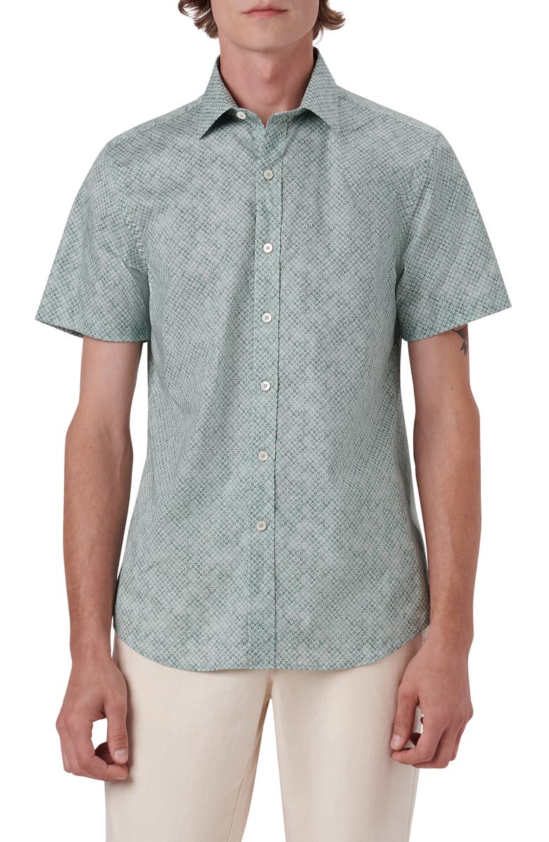 Bugatchi Shaped Fit Geometric Print Short Sleeve Stretch Cotton Button-Up Shirt, Main, color, 
