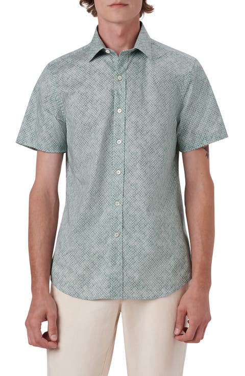 Shaped Fit Geometric Print Short Sleeve Stretch Cotton Button-Up Shirt