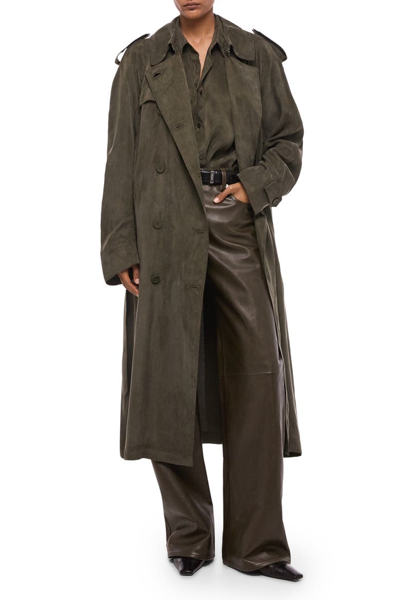 Fluid Microsuede Trench Coat, Alternate, color, DARK MOSS
