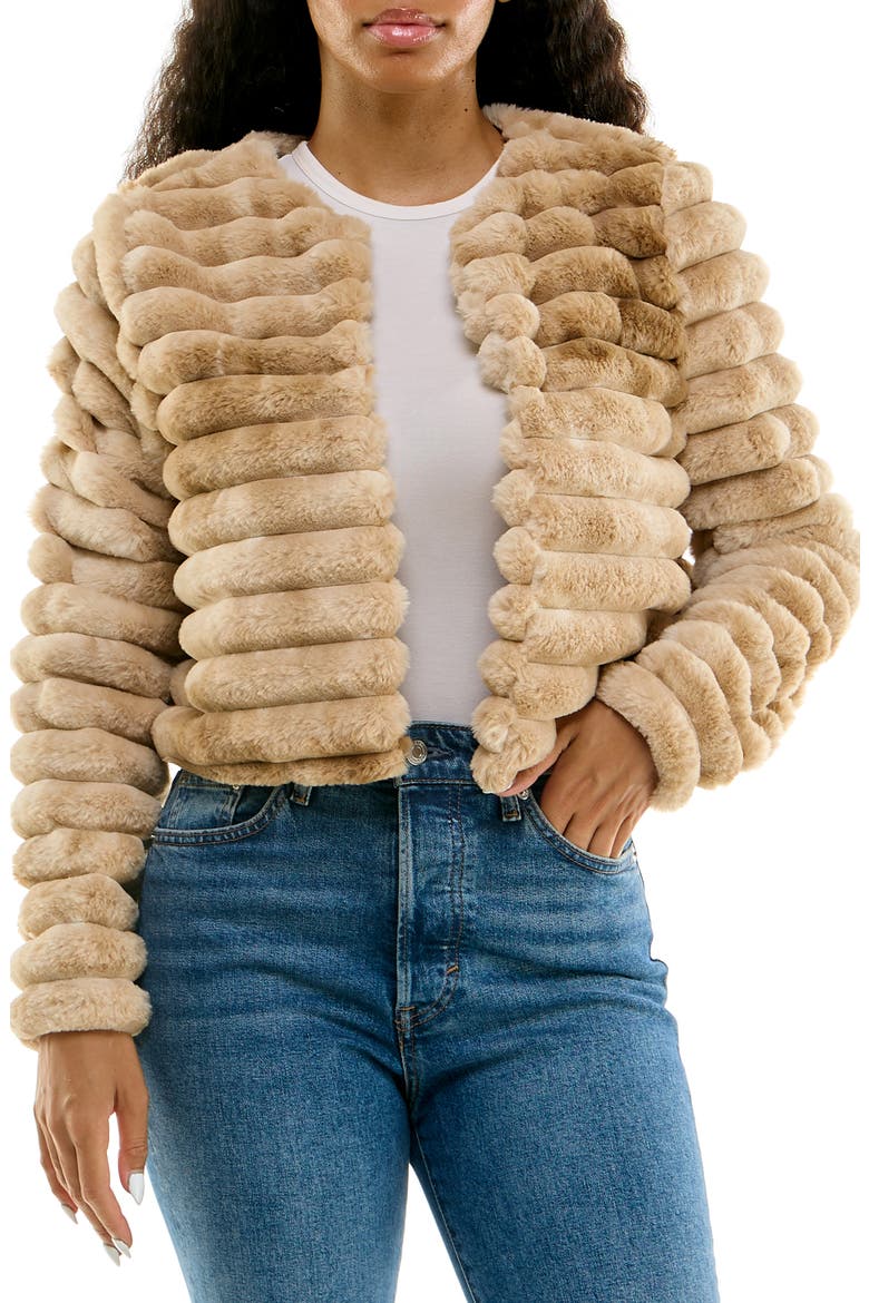 Faux Fur Channeled Bolero Jacket, Main, color, TAN MULTI