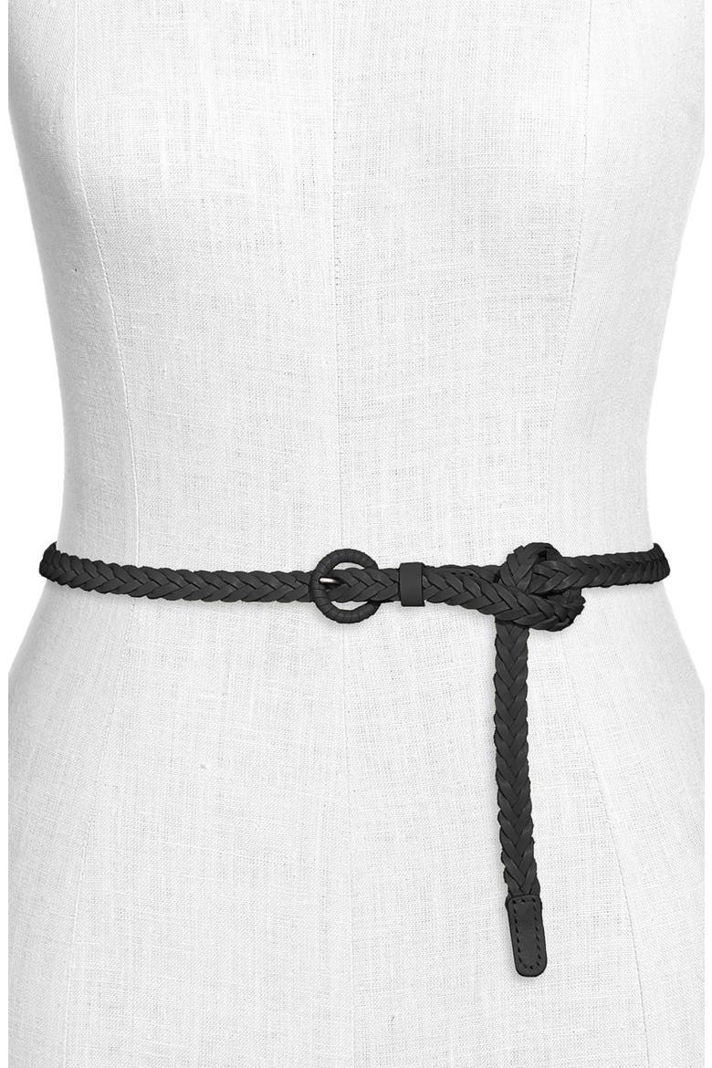 Skinny Braided Leather Belt, Main, color, BLACK