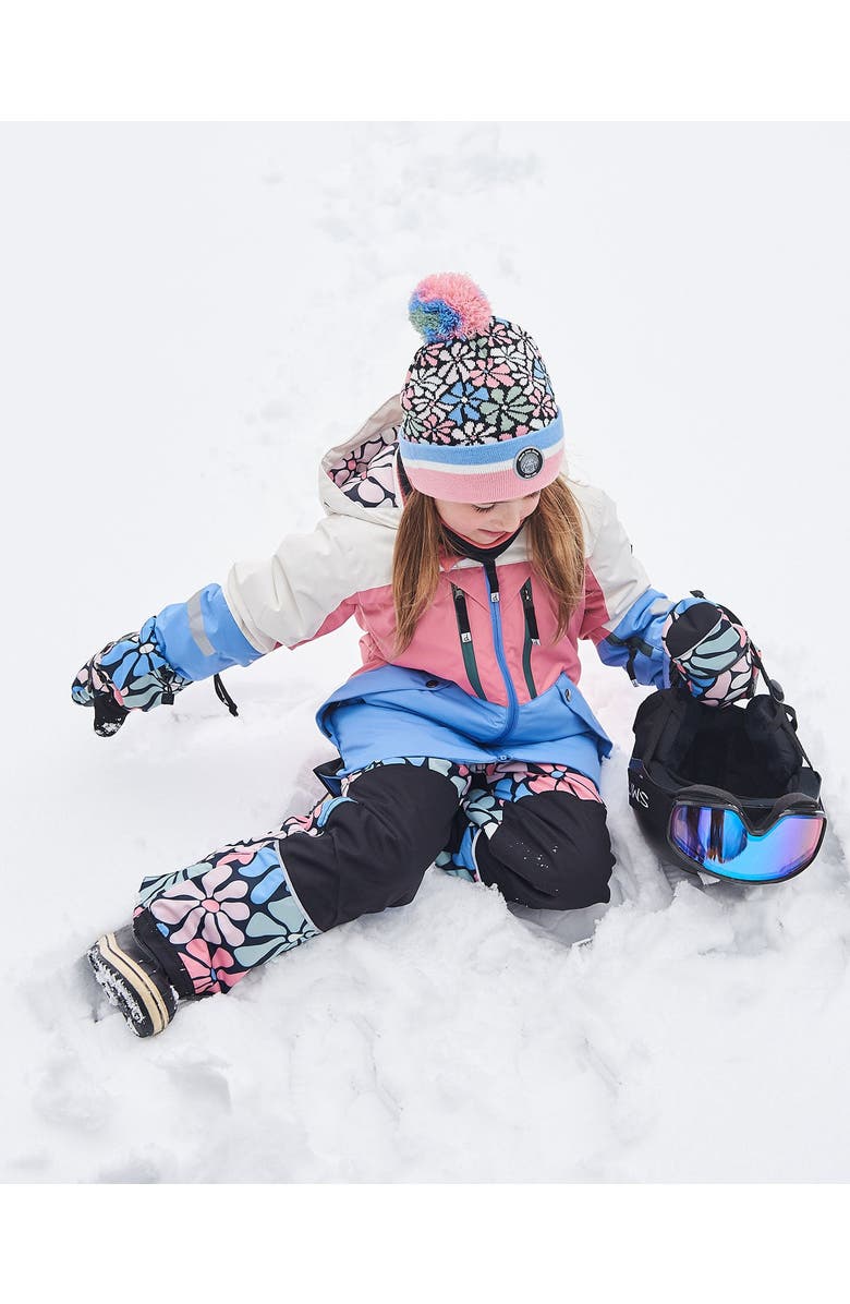 Deux par Deux Girl's Knit Hat Blue, Pink And White Retro Flowers, Alternate, color, Flowers Jacquard