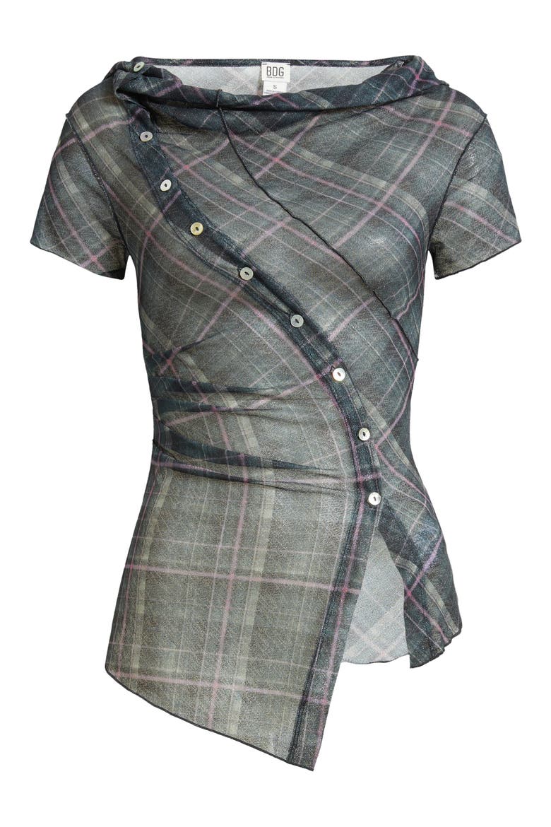 Asymmetrical Plaid Short Sleeve Top, Main, color, GREEN CHECK