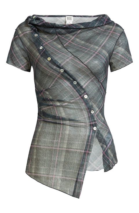 Asymmetrical Plaid Short Sleeve Top
