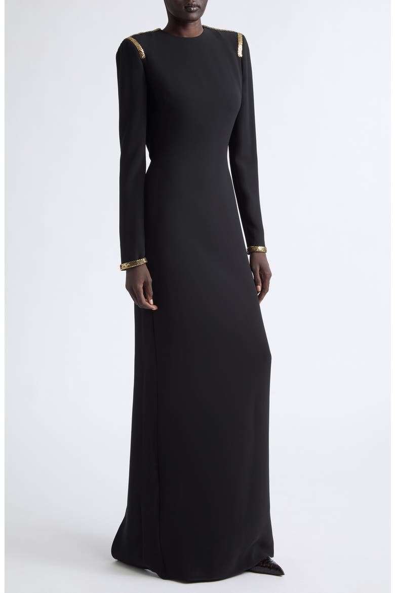 Chainmail Trim Long Sleeve Silk Evening Dress, Alternate, color, BLACK/ GOLD