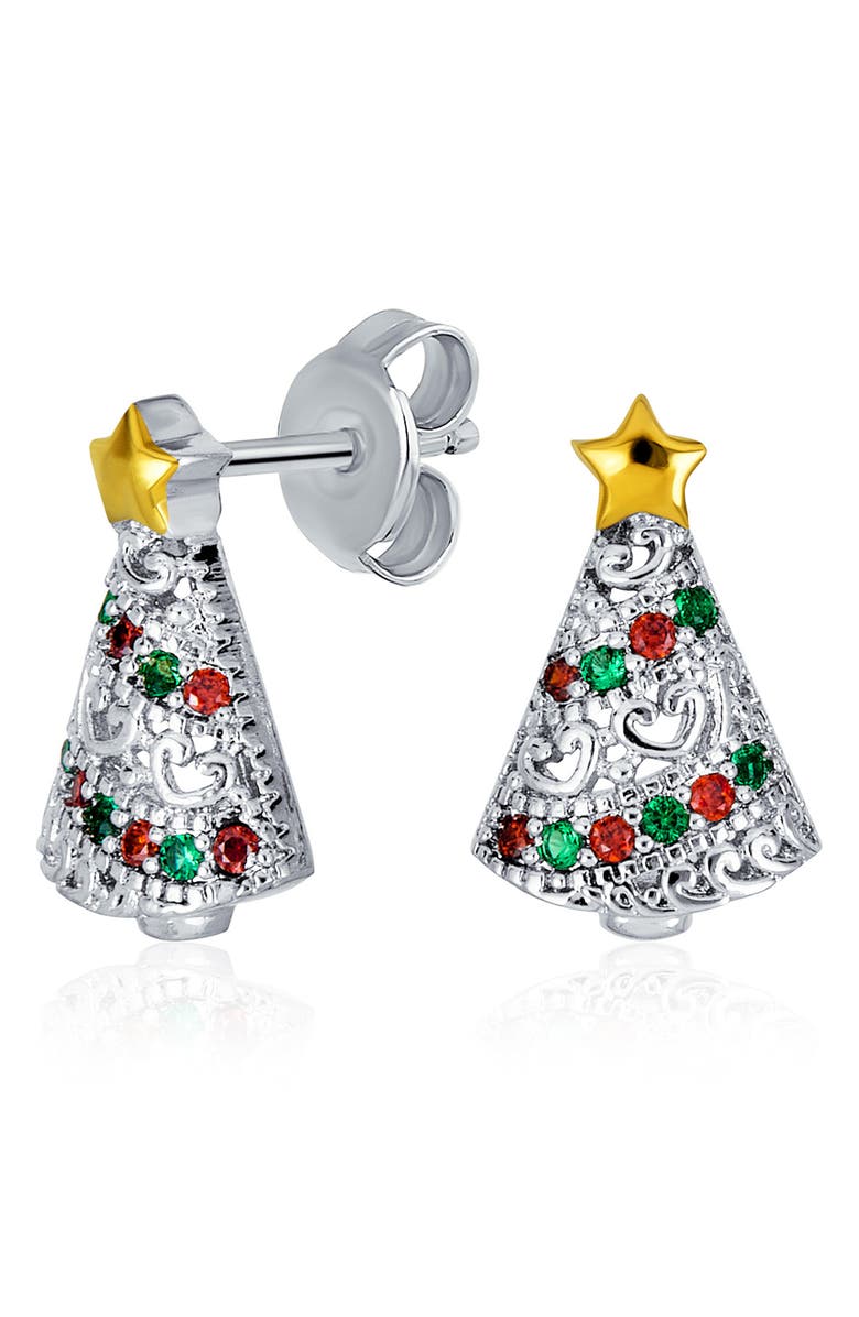 BLING JEWELRY Christmas Tree Cubic Zirconia Stud Earrings, Alternate, color, Silver