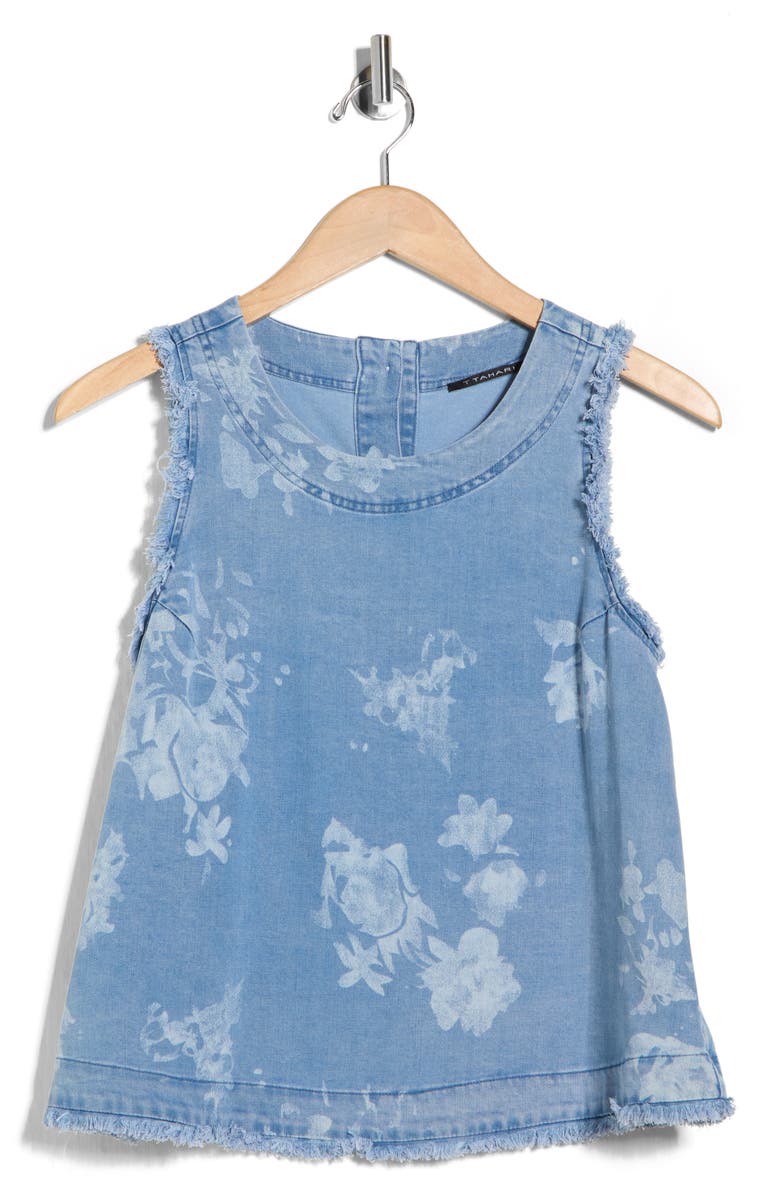 T Tahari Floral Print Chambray Top, Main, color, Light Wash Floral Print