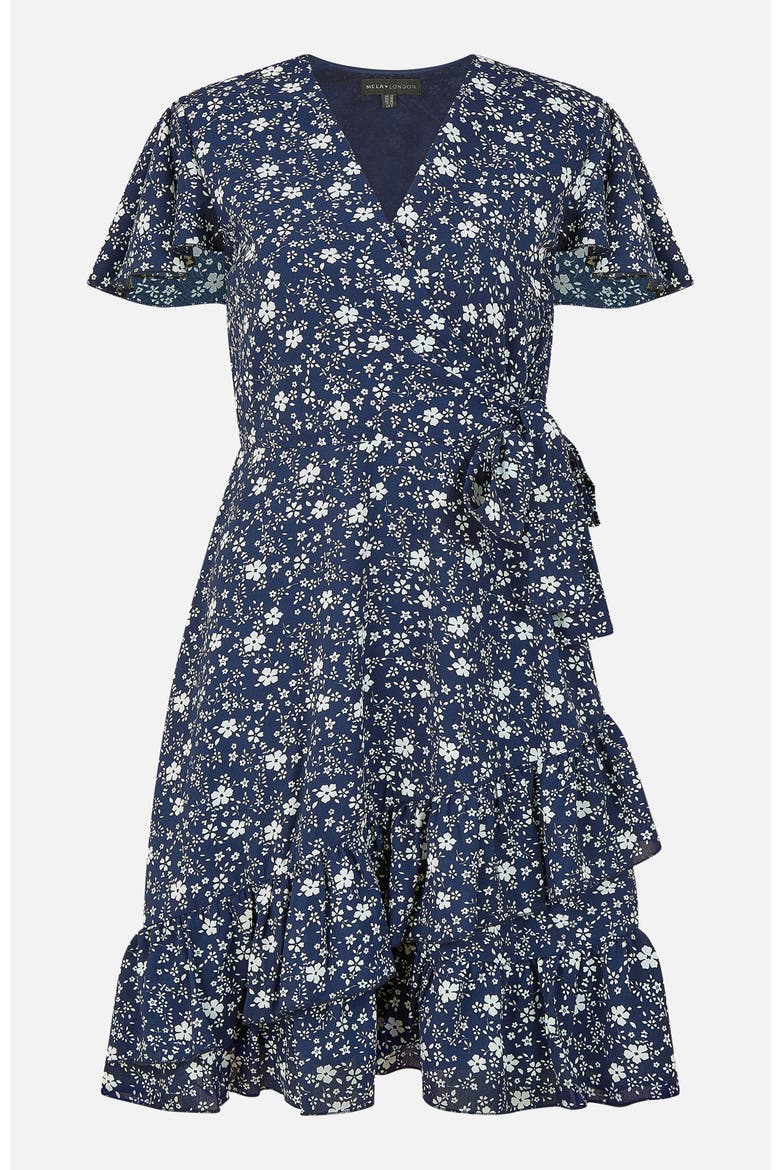 Ditsy Floral Wrap Frill Dress, Alternate, color, Navy