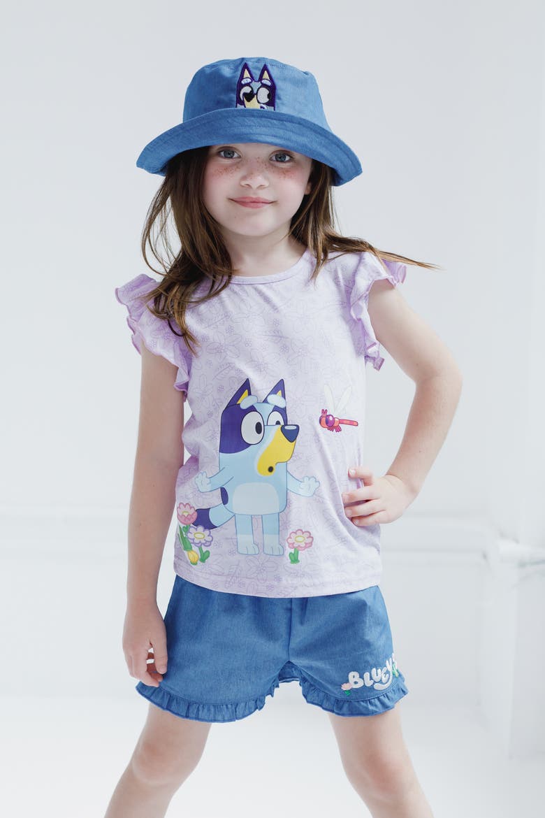 3-Piece Top Shorts and Hat Set, Alternate, color, Bluey Lilac Chambray
