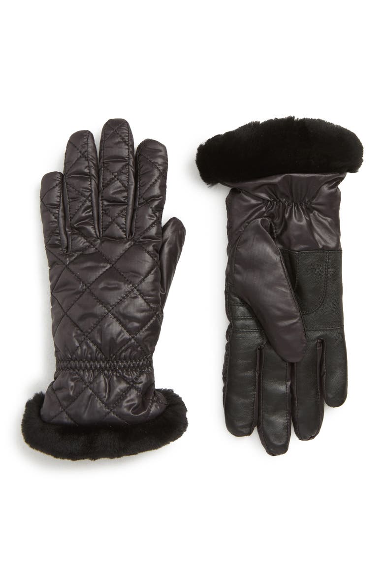 All Weather Touchscreen Compatible Quilted Gloves with Genuine Shearling Trim, Main, color, BLACK