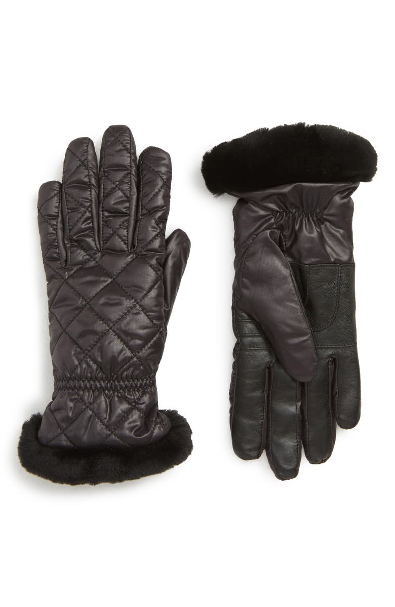 UGG<sup>®</sup> All Weather Touchscreen Compatible Quilted Gloves with Genuine Shearling Trim, Main, color, Black
