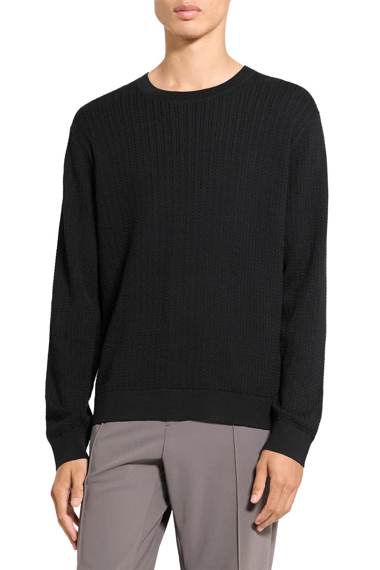 Riland Cable Stitch Cotton Crewneck Sweater, Main, color, BLACK