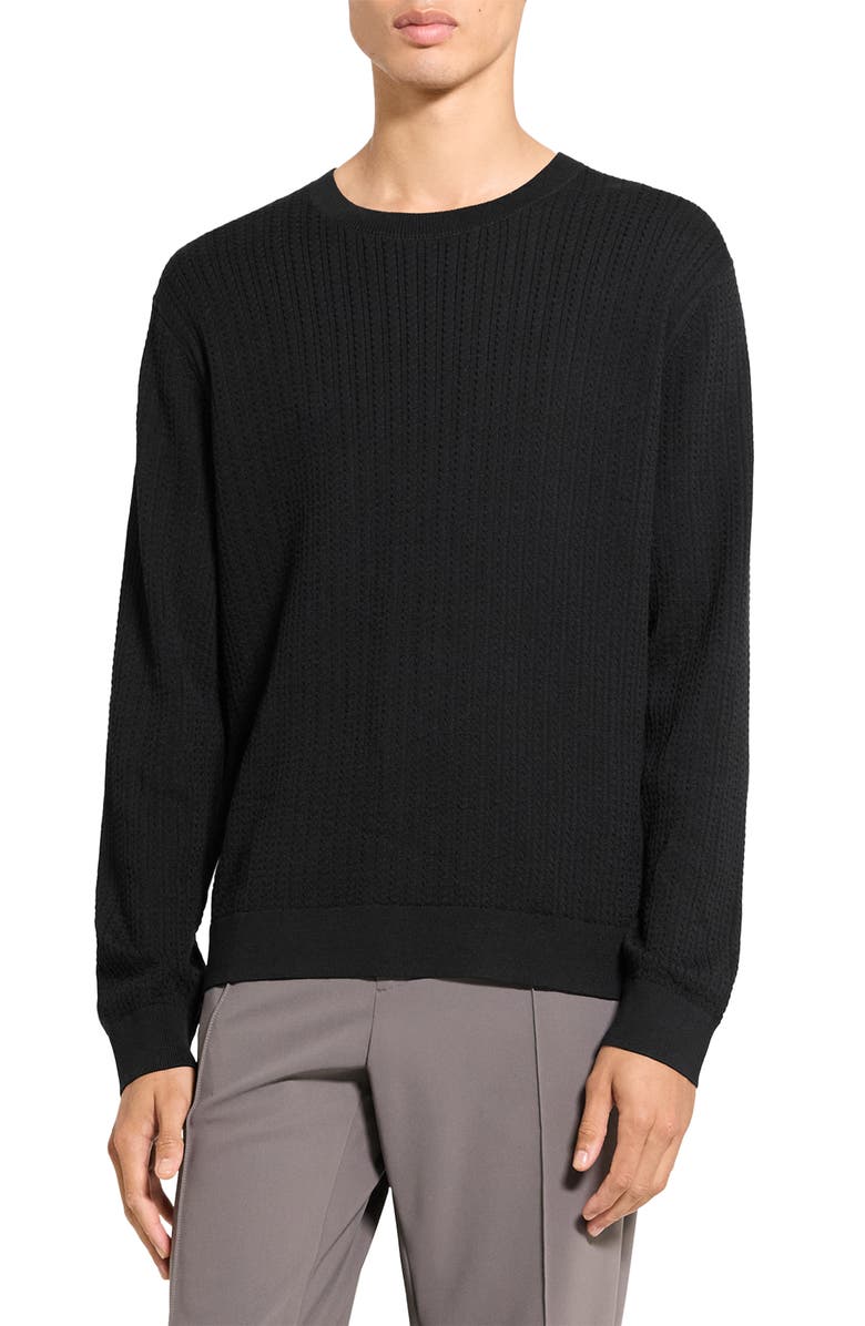 Theory Riland Cable Stitch Cotton Crewneck Sweater, Main, color, Black