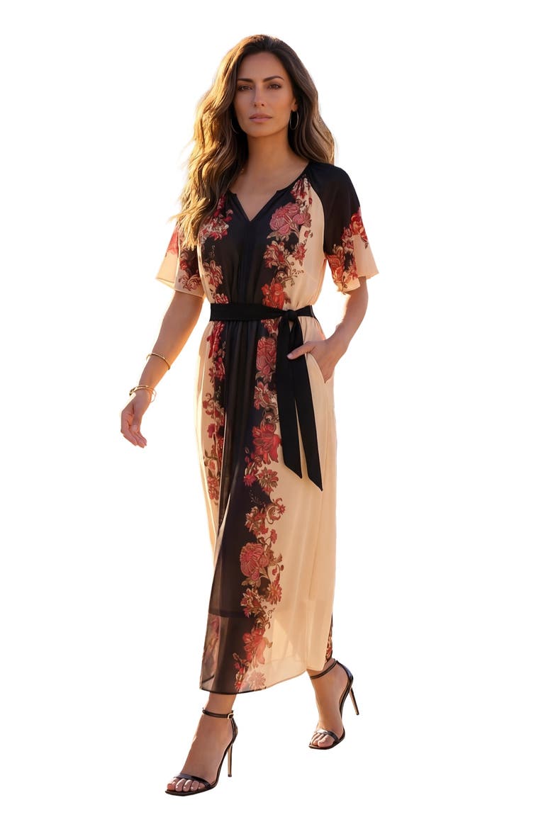 Plus Size Georgette Y Neck Tie Waist Printed Maxi Dress, Main, color, OATMEAL ZINNIA FLORAL