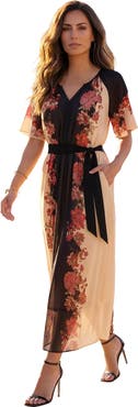 Roaman's Plus Size Georgette Y Neck Tie Waist Printed Maxi Dress