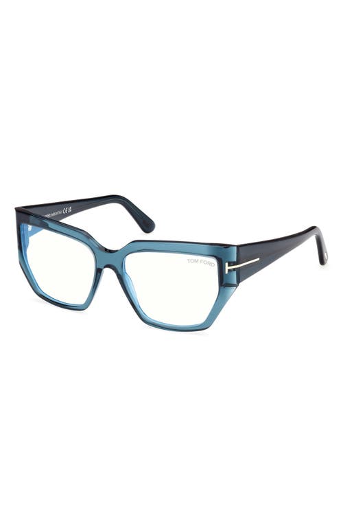 Tom Ford 54mm Square Blue Light Blocking Optical Glasses In Teal/t Logo/blue Block