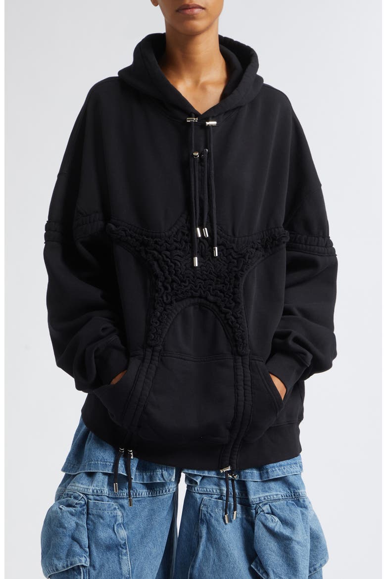 Soft Star Drawstring Ruched Cotton Hoodie, Main, color, BLACK