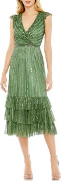 Mac Duggal Women's Sequined Wrap Over Cap Sleeve Ruffle Hem Dress