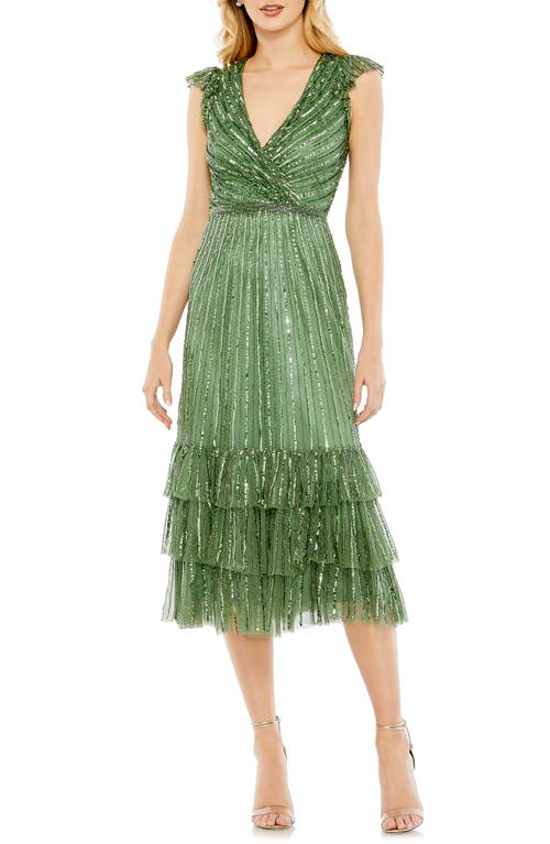 Mac Duggal Women's Sequined Wrap Over Cap Sleeve Ruffle Hem Dress in Sage at Nordstrom, Size 4