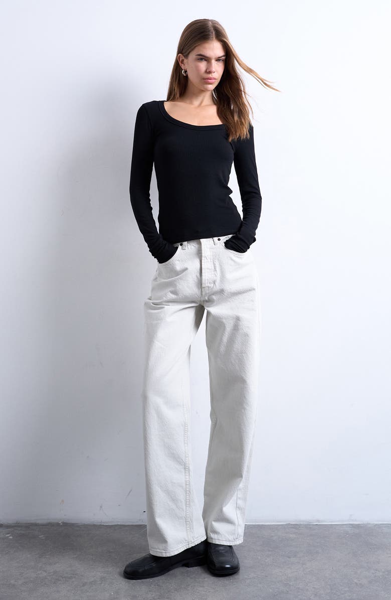 Topshop Scoop Neck Long Sleeve Rib Top, Alternate, color, Black