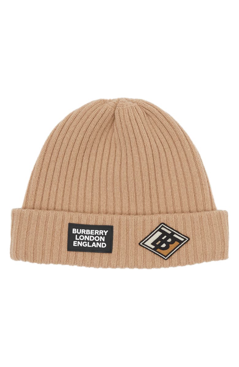 Burberry Logo Patch Rib Wool Beanie, Main, color,