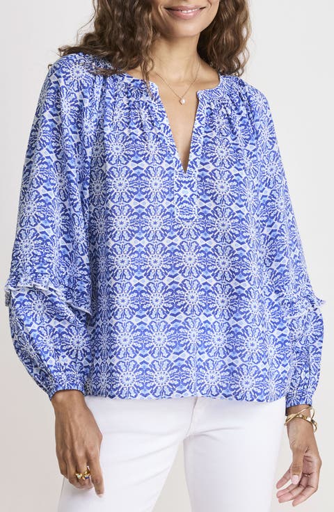 Izzy Tile Print Cotton Blend Popover Top