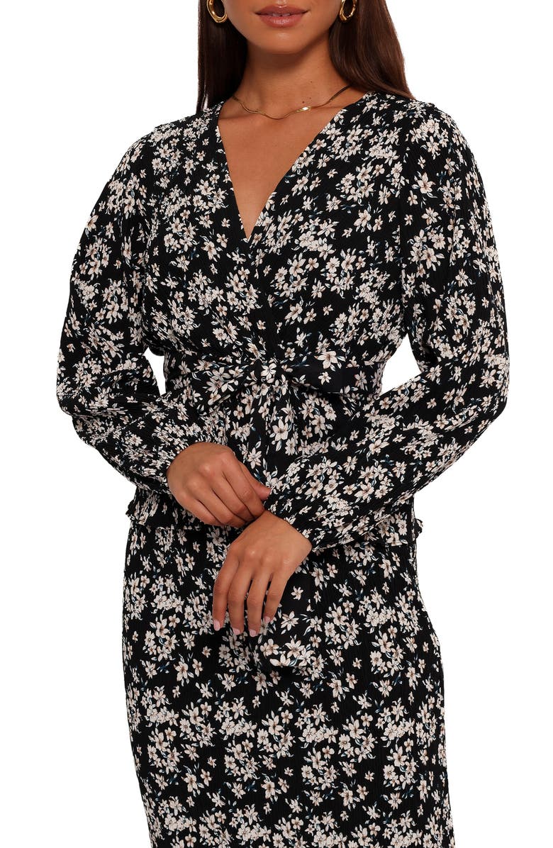 Petal & Pup Minelli Floral Print Faux Wrap Top, Main, color, Black/ White Floral