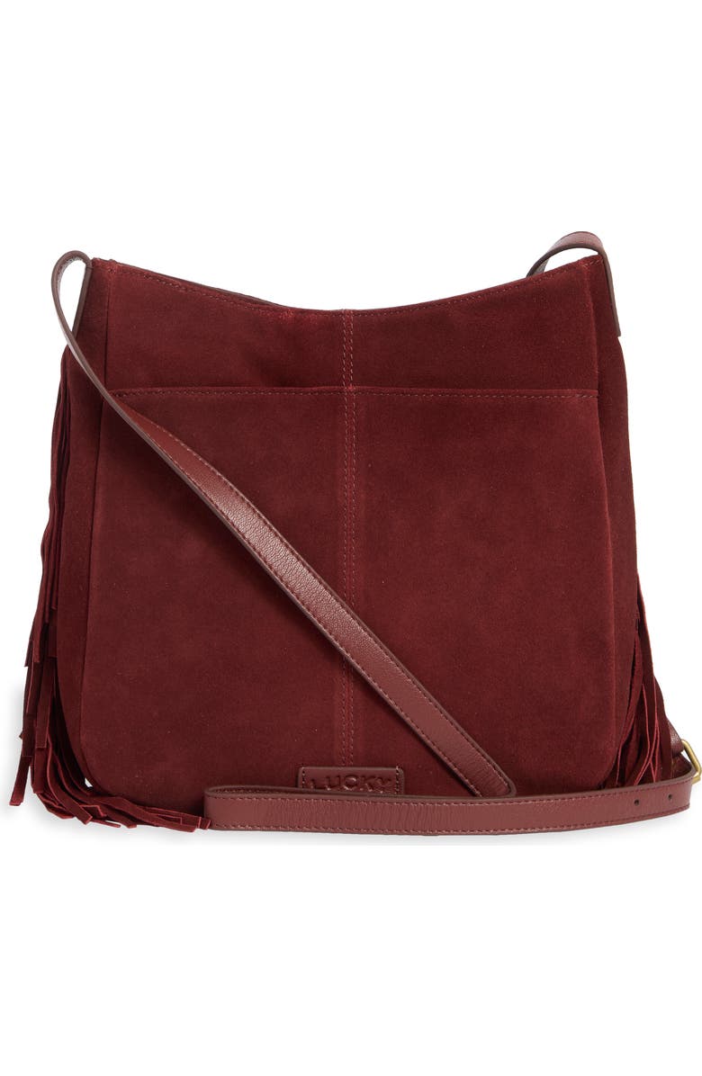 Lucky Brand Bran Nyra Suede Fringe Crossbody Bag, Alternate, color, Red Dahlia