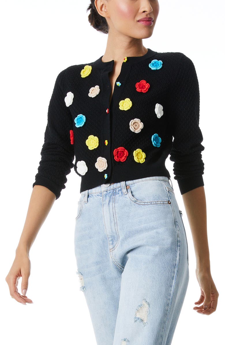 Alice + Olivia Selma Floral Appliqué Stretch Wool Crochet Cardigan, Alternate, color,
