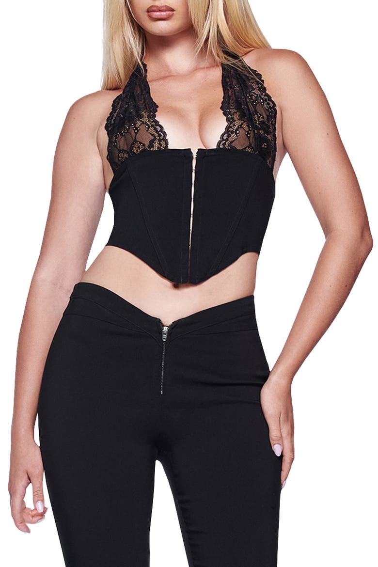 Ellena Lace Trim Corset Top, Main, color, BLACK