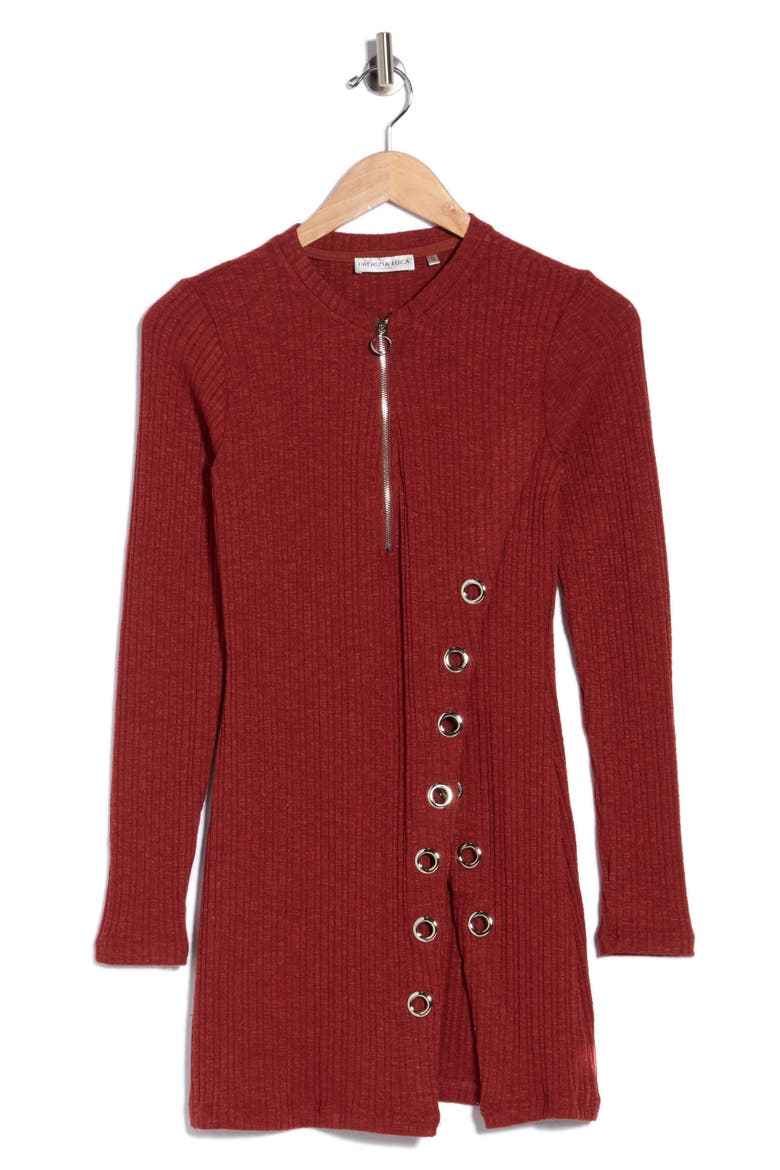 Grommet Half Zip Ribbed Tunic Top, Alternate, color, RUST
