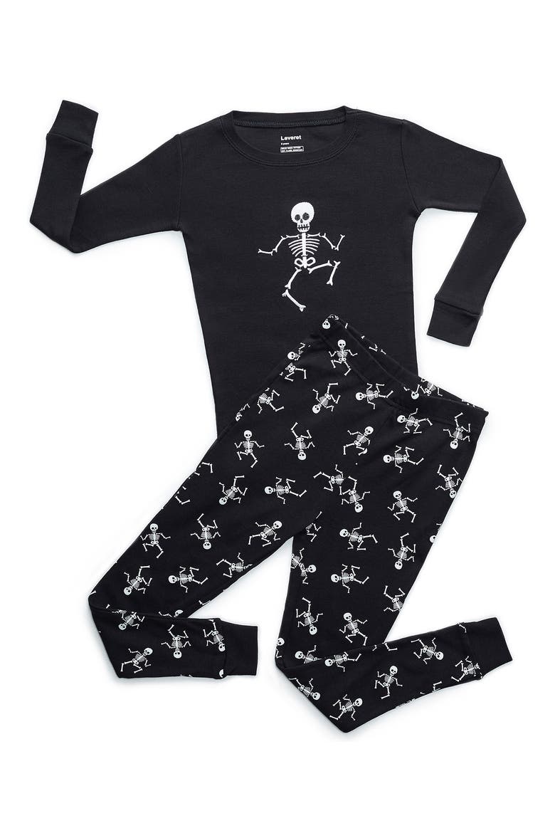 Skeleton 2-Piece Cotton Pajamas, Main, color, BLACK