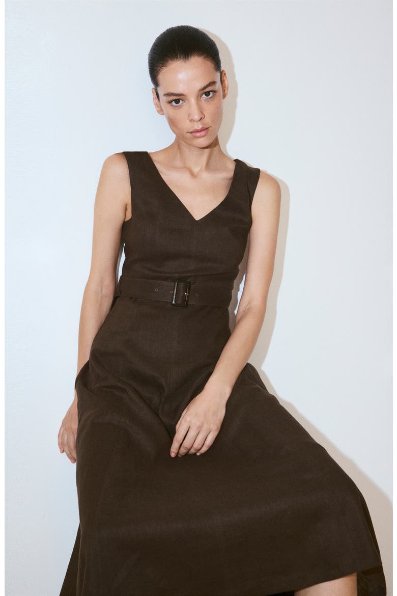 Belted Linen Midi Dress, Alternate, color, CHOCOLATE