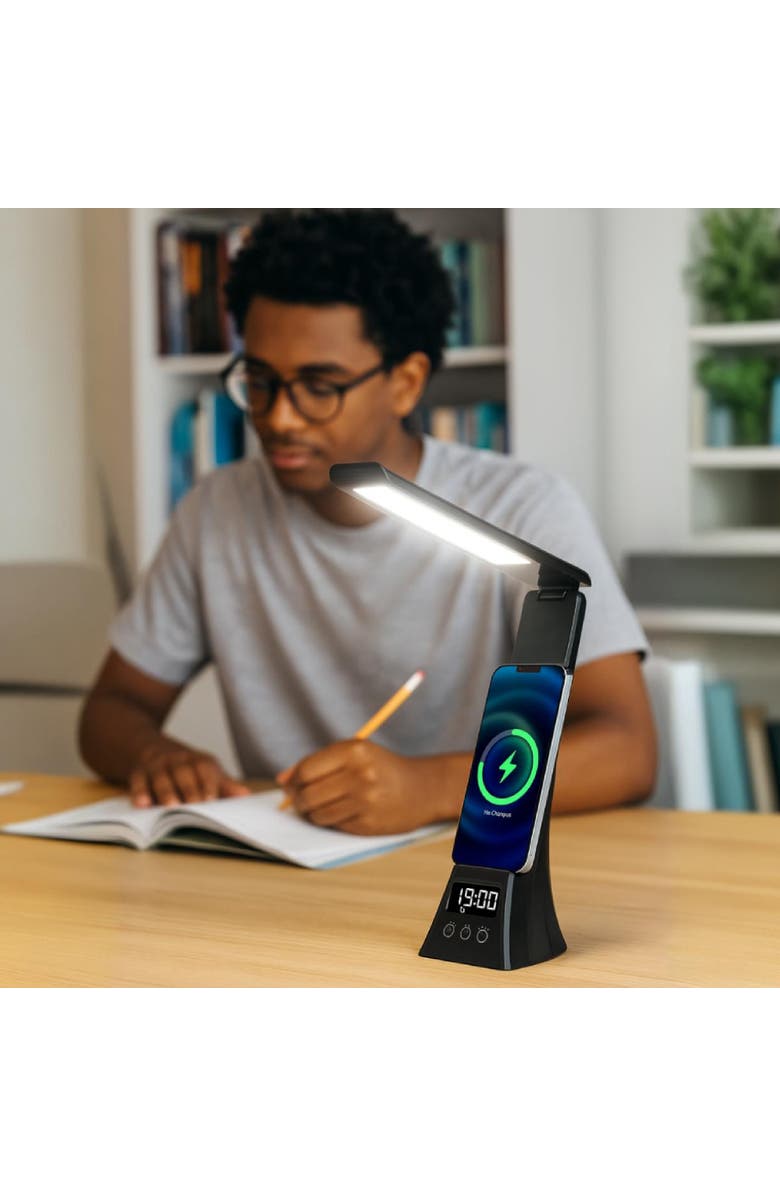 PURSONIC 3-in-1 LED Desk Lamp with Wireless Charger and Alarm Clock, Alternate, color, Black