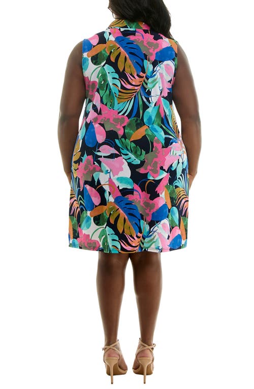 Nina Leonard Sleeveless Trapeze Dress In Navy Pink Multi