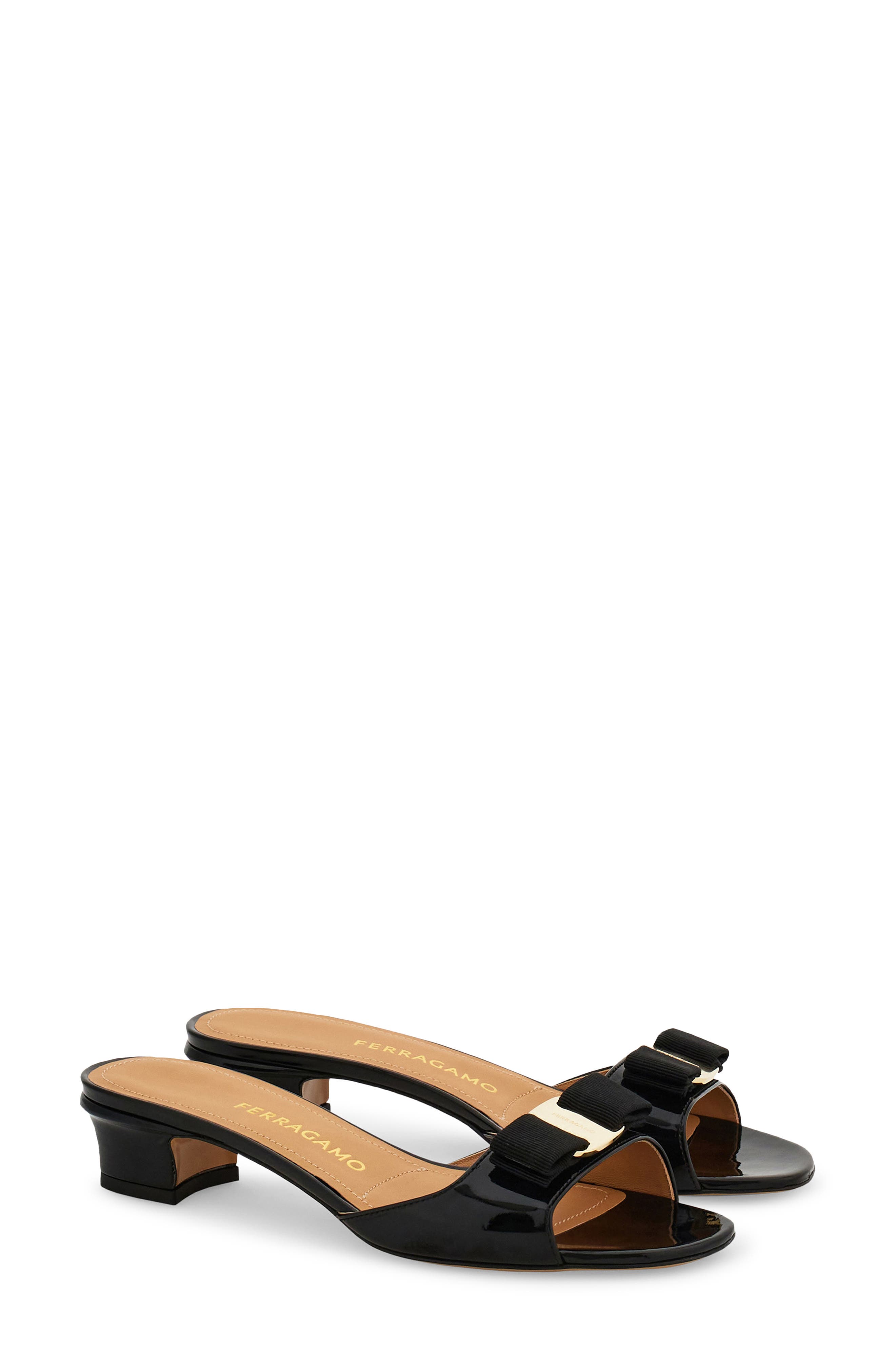 FERRAGAMO Vanilla Bow Slide Sandal, Main, color, Nero Biscotto
