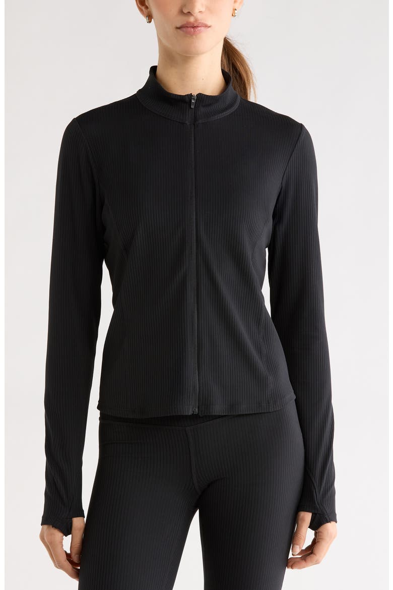 Thrive Rib Knit Zip Front Sweatshirt, Alternate, color, BLACK