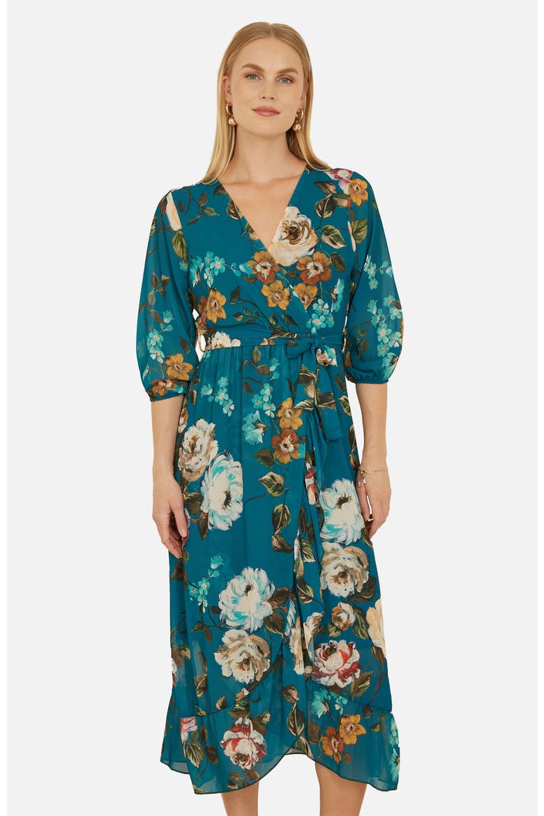 Watercolour Dip Hem Midi Wrap Dress, Alternate, color, Teal