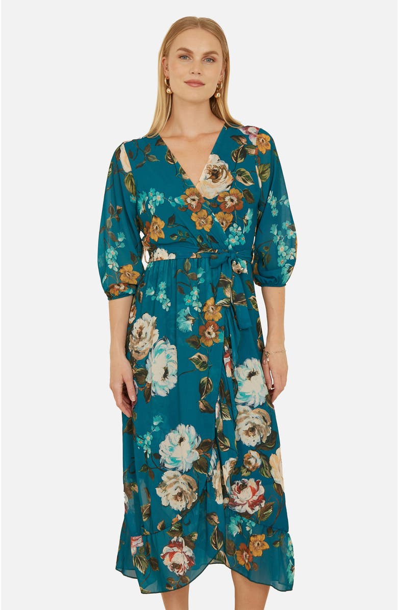 Yumi Watercolour Dip Hem Midi Wrap Dress, Alternate, color, Teal