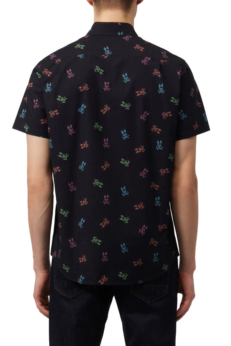 Bunny Print Stretch Short Sleeve Button-Down Shirt, Alternate, color, BLACK