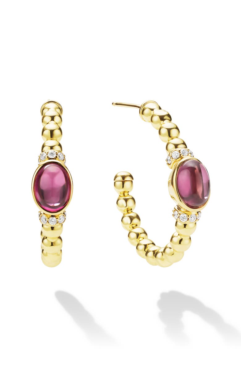LAGOS Caviar Rhodolite Garnet & Diamond Beaded Hoop Earrings, Main, color, Gold