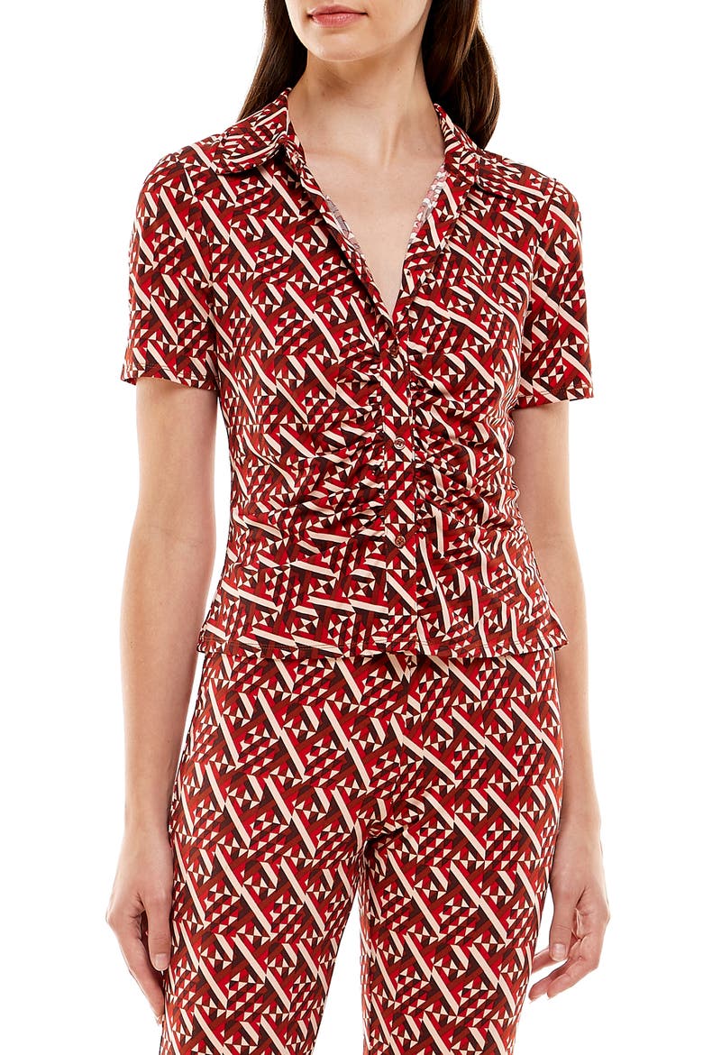 Jennifer Ruched Short Sleeve Knit Top, Main, color, BURGUNDY GEO