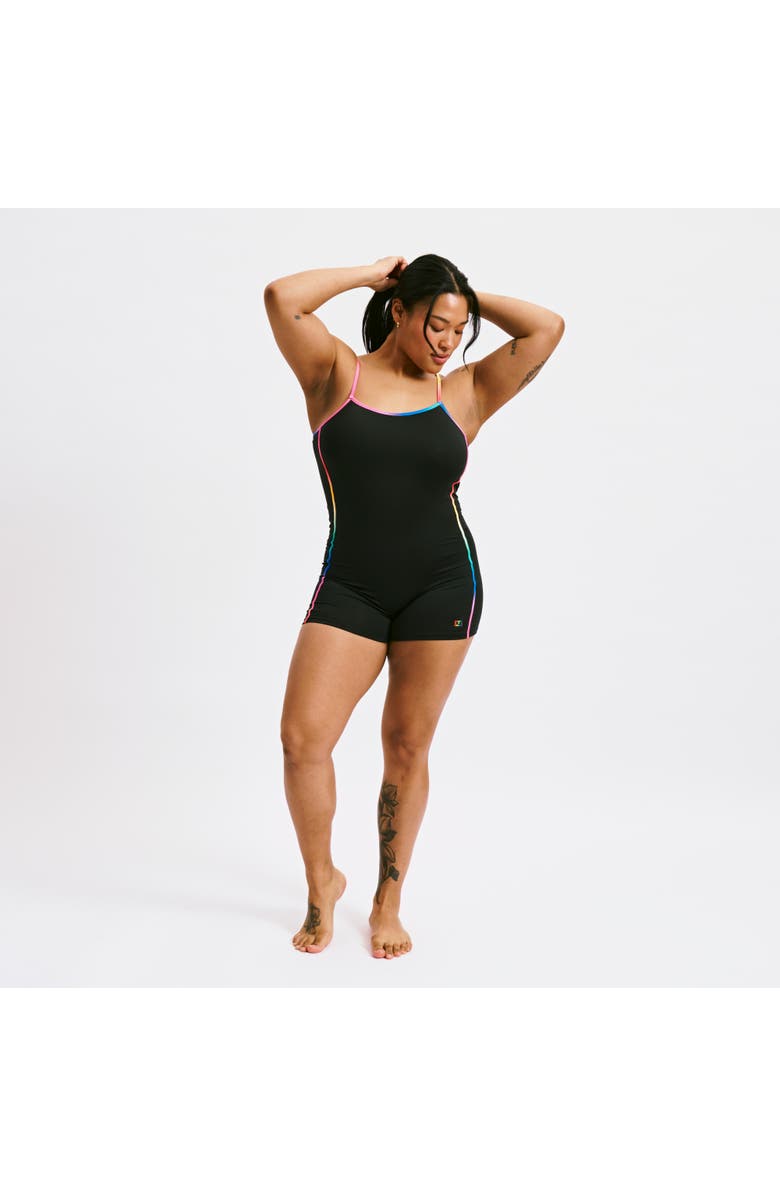 TomboyX 3.5-Inch Skinny Strap Swim Unisuit, Alternate, color, Black Rainbow Ombre