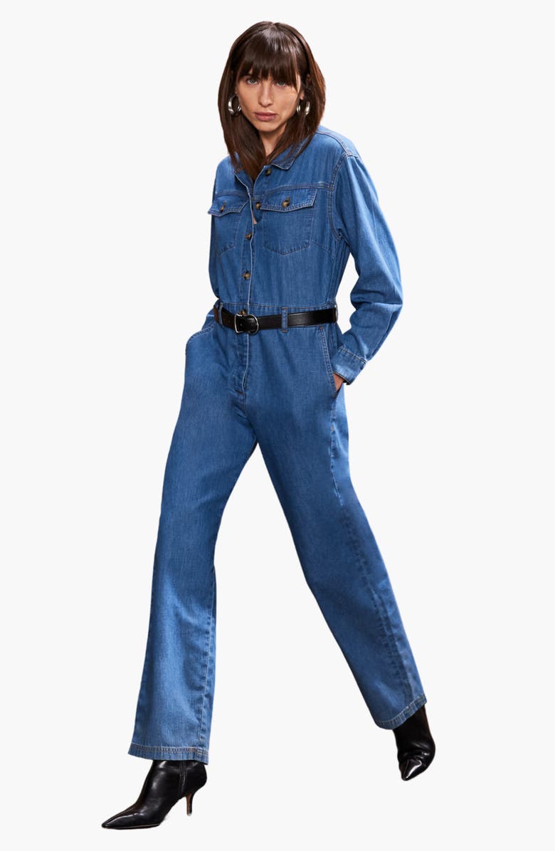 Ro&Zo Denim Long Sleeve Jumpsuit, Main, color, Blue