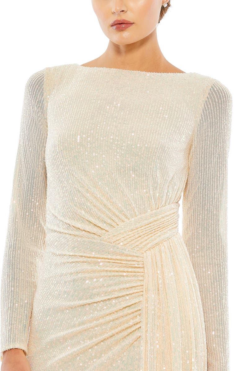 Mac Duggal Sequined Ruched Long Sleeve Boat Neck Gown, Alternate, color, Pearl